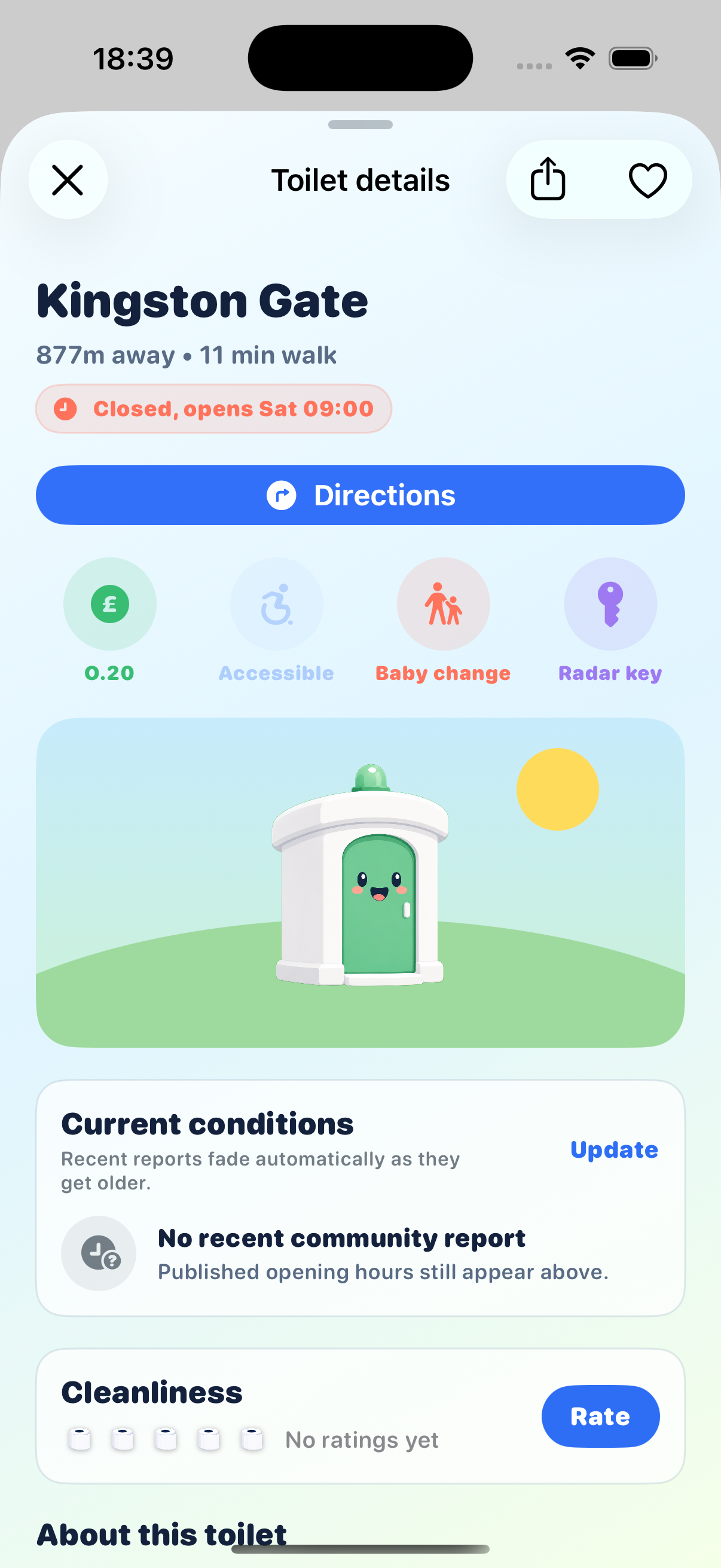 Compiss toilet details showing facilities, live community conditions and cleanliness ratings