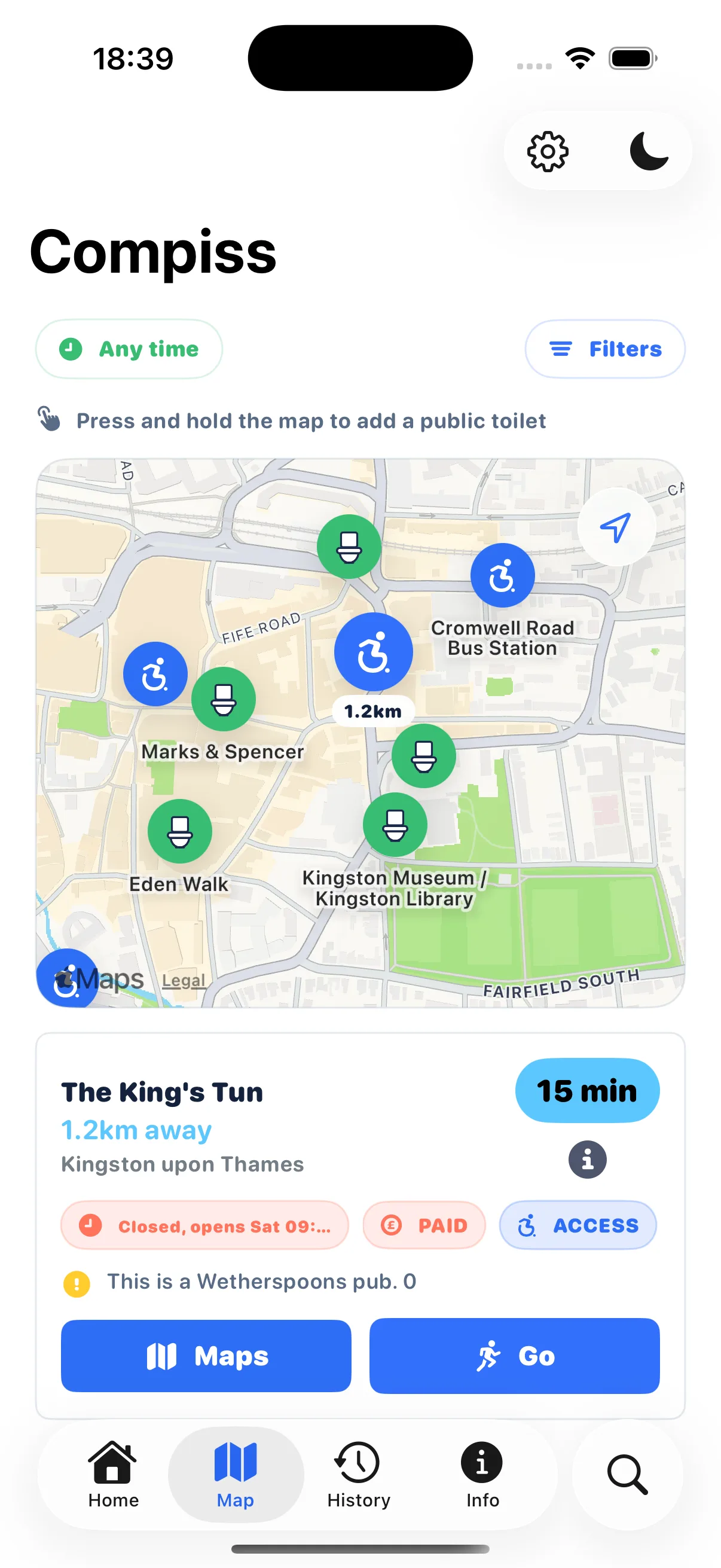 Compiss map view showing nearby toilets with a details card