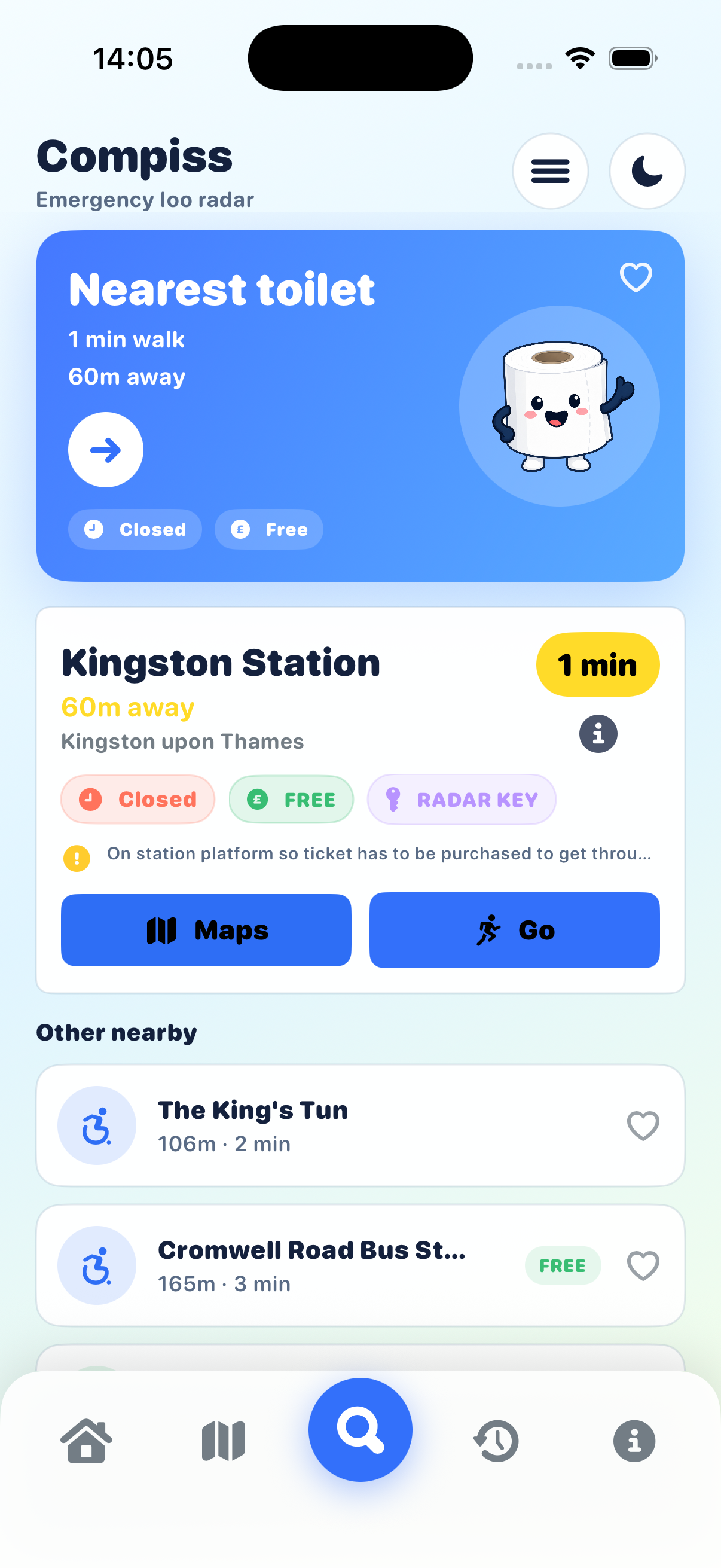Compiss nearest toilet card with walk time and badges