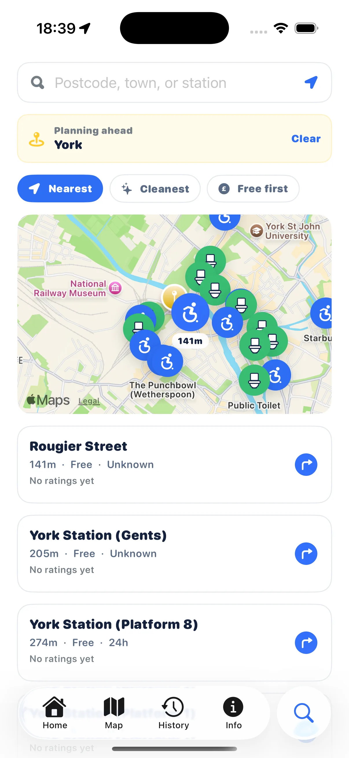 Compiss search screen listing toilets in another town, sorted by nearest, cleanest or free first